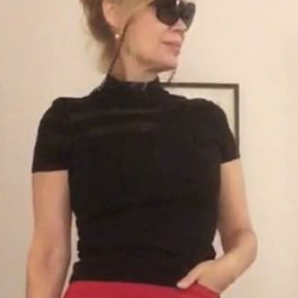 Black  Knit sheer front short sleeves top - Picture 1 of 6